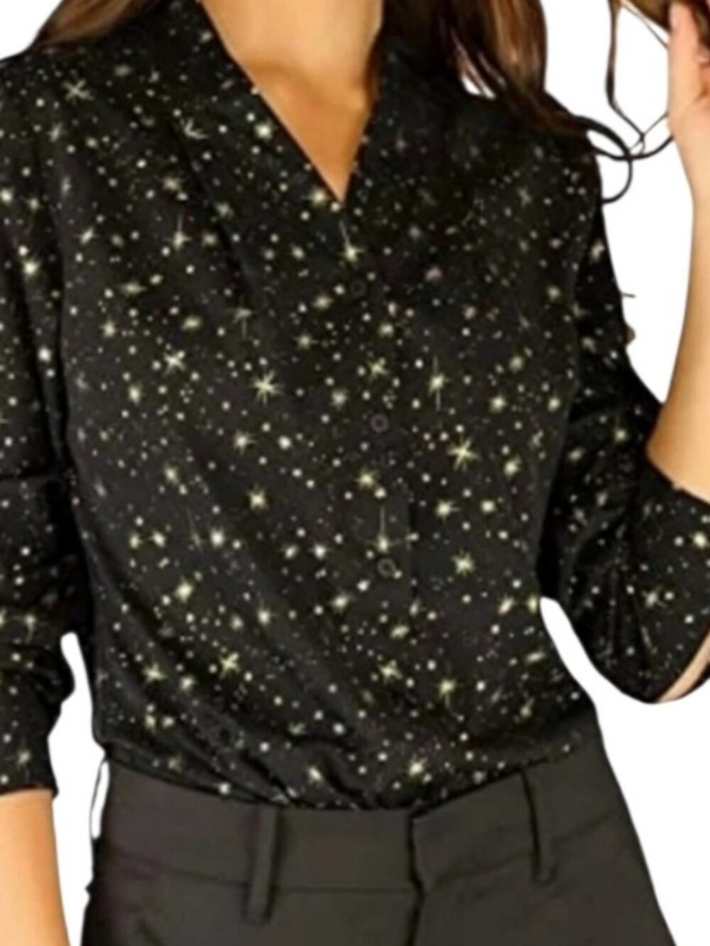 Cabi Mesh Black Star Print Button Down Blouse